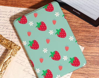 Bonita funda para Kindle con diseño de fresas y flores, compatible con Kindle Paperwhite 12.º de 7 pulgadas, compatible con Paperwhite 11.º y 10.º, funda premium para Kobo, regalo para amantes de la fruta.