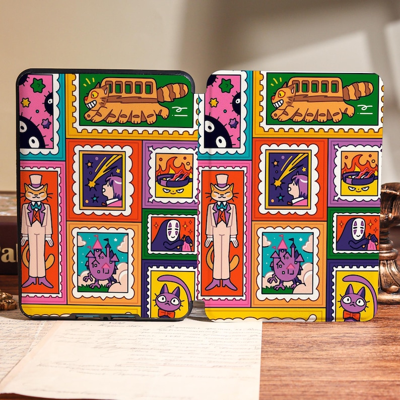 May include: Two phone cases with a colorful, patterned design featuring cartoon characters in a postage stamp style. The design includes a bus-like creature, a cat in a suit, and other whimsical elements in a vibrant color palette.
