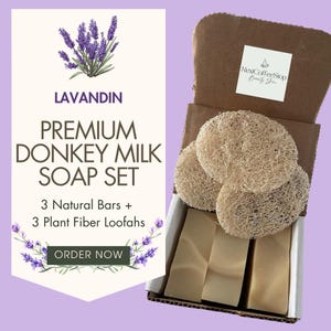 Lavadin Donkey Milk Soap & Loofah Gift Set – 3 Natural Bars + 3 Plant Fiber LoofahsFor – All Skin Types