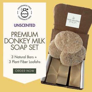 Unscented Donkey Milk Soap & Loofah Gift Set – 3 Natural Bars + 3 Plant Fiber LoofahsFor – All Skin Types – Jabon Sin Perfume