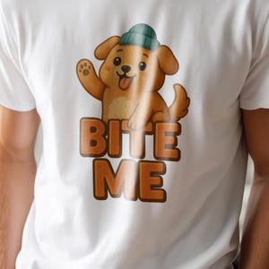 Bite Me Dog T-Shirt, Funny Puppy Shirt, Cute Cartoon Dog Tee, Dog Lover Gift, Sassy Dog Design, Beanie Pup Graphic, Organic Unisex Tee