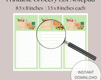 Bloc de notas imprimible para lista de compras / Descarga instantánea / 8x11 y 3.5x8 pulgadas / Organizador de listas de compras