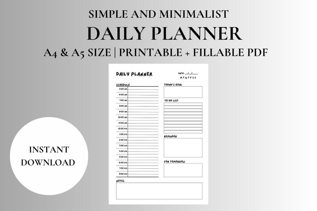 Printable Daily Planner PDF | A4 & A5 Size | Fillable PDF | Minimalist ...