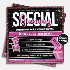 Raffle Giveaway Flyer: Editable Canva Template, Modern Design (Instant Download)