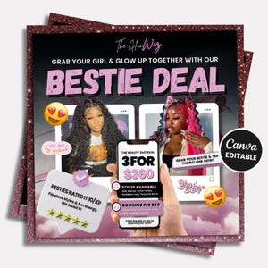Może przedstawiać: Grafika promocyjna dla "The Glam Wiz" oferująca "Bestie Deal" ze zdjęciami dwóch kobiet. Grafika zawiera tekst o usługach kosmetycznych, telefon wyświetlający ofertę 3 usług za 360 USD i edytowalne logo Canva.