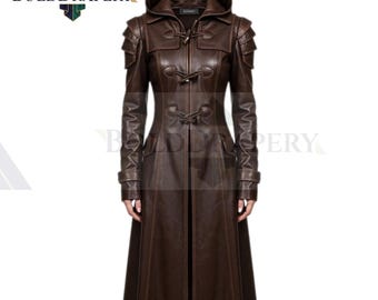 Hooded Brown Leather Trench Coat: Gothic Warrior Armor Jacket