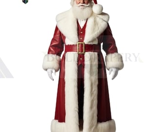 Red Leather Santa Coat: Faux Fur Trim, Gold Buckle - Holiday Cosplay