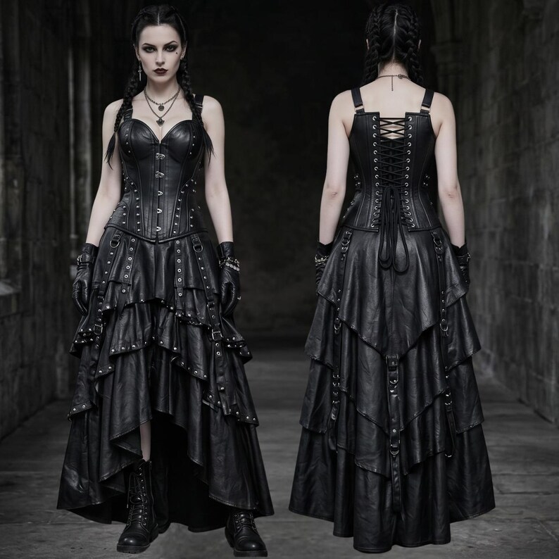 May include: A black, gothic-style dress with a corset bodice and layered skirt. The dress features studded details, straps, and a lace-up back. The model is wearing black gloves and boots, completing the dark, edgy aesthetic.