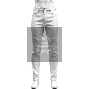 Pode incluir: Calças brancas com um design clássico de cinco bolsos. As calças têm fecho de botão e zíper e presilhas para cinto. O texto "BOLD DRAPERY" é visível na frente das calças.