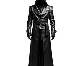 Trench nero con cappuccio in vera pelle: stile gotico steampunk