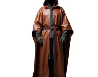 May include: A long brown leather robe with a hood. The robe has a belt and is worn over a dark shirt.