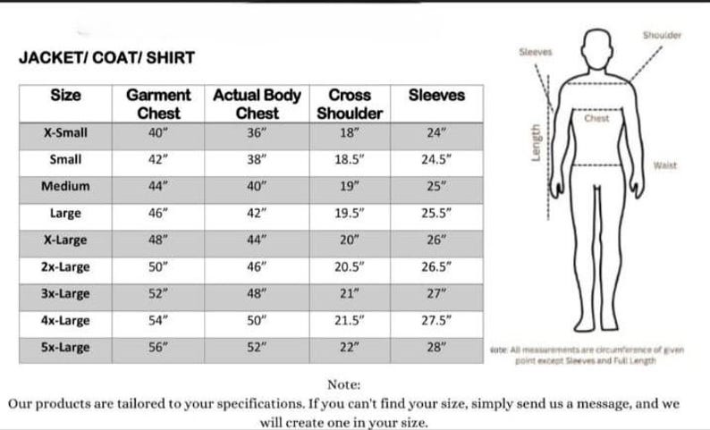 May include: A size chart for jackets, coats, and shirts, with measurements in inches. The chart includes sizes from X-Small to 5X-Large, detailing garment chest, actual body chest, cross shoulder, and sleeve lengths. A diagram illustrates measurement points.