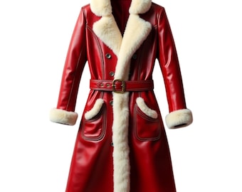 Men's Red Leather Coat: Genuine Leather, White Fur Trim