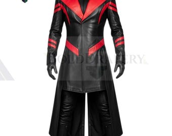 Genuine Leather Cosplay Costume: Red V Detail Gothic Trench Coat