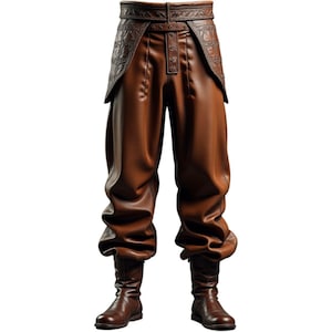 Brown Leather Medieval Pants with Embossed Waist Guard