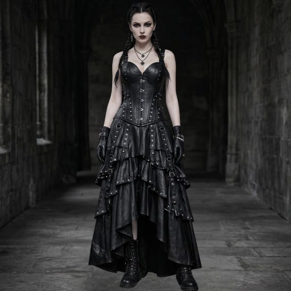 Gothic Leather Corset and Skirt Set | Black Rivet Outfit, Cosplay Fashion