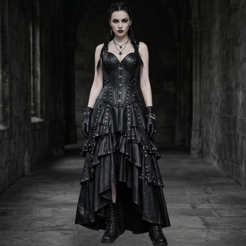 May include: A black, gothic-style dress with a fitted bodice and layered skirt. The dress features a corset-style top with silver studs and a high-low hemline. The model is wearing black gloves and boots, with a necklace.