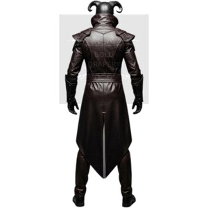 May include: A dark brown leather coat with a high collar, shoulder pads, and a long, flowing design. The coat features intricate detailing and is paired with black gloves and boots. The text "BOLD DRAPERY" is visible on the back of the coat.