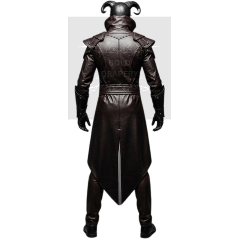May include: A dark brown leather coat with a high collar, shoulder pads, and a long, flowing design. The coat features intricate detailing and is paired with black gloves and boots. The text "BOLD DRAPERY" is visible on the back of the coat.