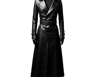 Men's Black Leather Trench Coat: Double-Breasted Urban Style