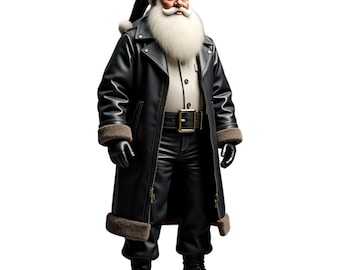 May include: A Santa Claus figure wearing a black leather jacket with a fur collar and matching pants. He is wearing a white hat with a black band and a white beard.