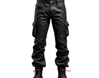 Men's Black Leather Cargo Pants: Urban Utility Trousers