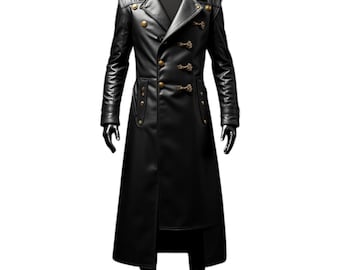 Genuine Black Leather Military Trench Coat: Gothic Inspired