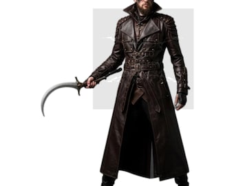 Leather Trench & Hat- Steampunk Warrior Outfit-Dark Fantasy Cloak-Medieval Rogue Costume-Curved Blade trench-Handmade Leather Coat