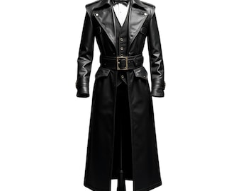 Men's Handmade Black Leather Trench Coat: Elegant Full Length Overcoat