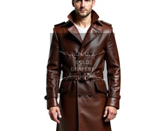 Elegant brown Leather Trench Coat - Timeless Style