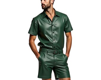 Men's Green Leather Shirt and Shorts Set: Bold Outfit