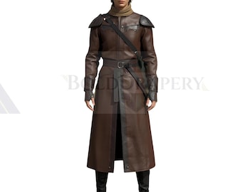 Medieval Leather Warrior Coat: Brown Gothic Cosplay Trench with Armor