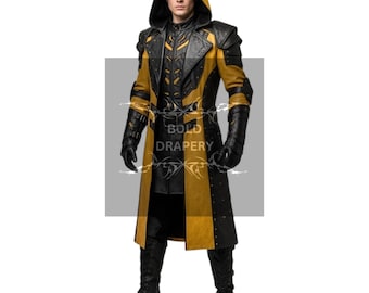Handmade Black & Yellow Leather Cosplay Suit: Hooded Warrior Costume
