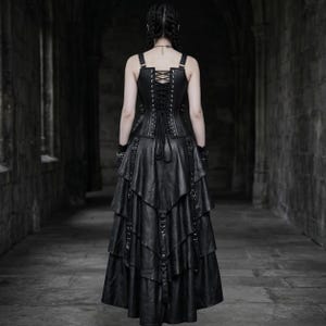 May include: Black faux leather dress with a corset-style bodice and tiered skirt. The dress features adjustable straps, a lace-up back, and decorative buckles. The gothic-inspired design is suitable for alternative fashion.
