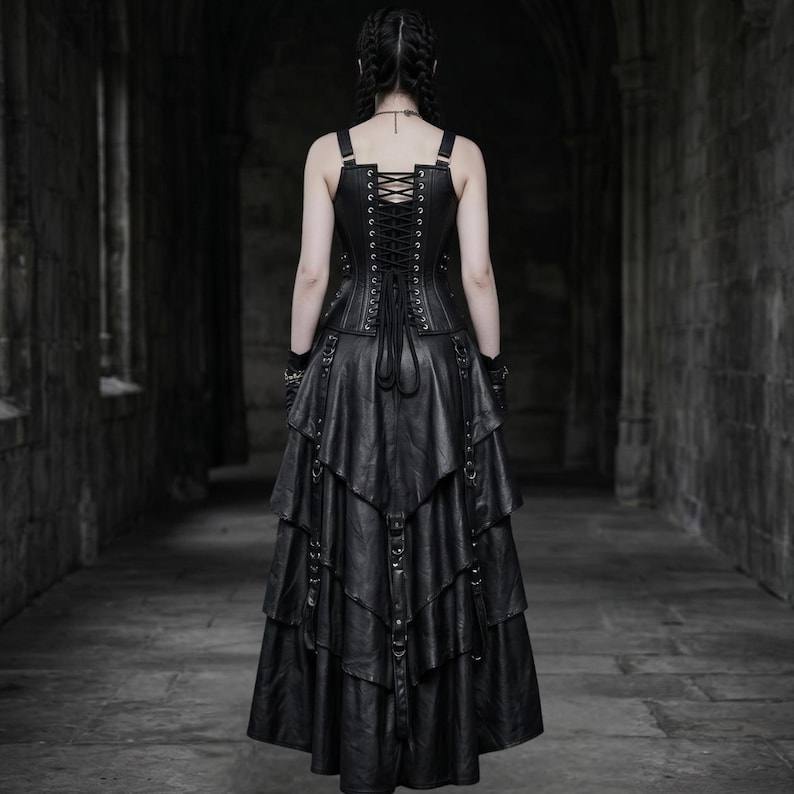 May include: Black faux leather dress with a corset-style bodice and tiered skirt. The dress features adjustable straps, a lace-up back, and decorative buckles. The gothic-inspired design is suitable for alternative fashion.