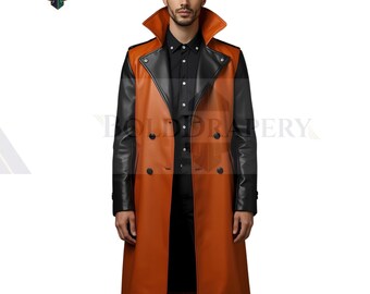 Gothic Leather Trench Coat: Black & Orange Steampunk Vampire Style