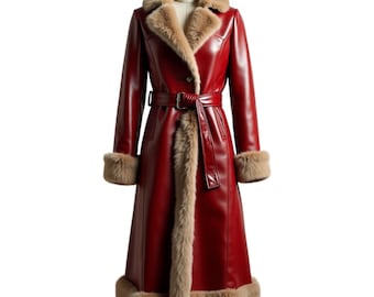 Red Leather Coat with Luxe Fur Trim and Belted Waist