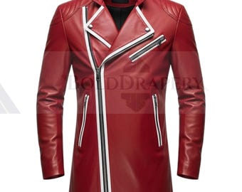 Red Leather Moto Jacket – Asymmetrical Zippers & White Stripe | Urban Gothic Outerwear