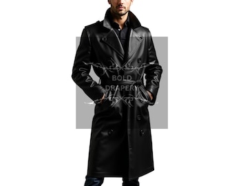 May include: A black leather trench coat with a double-breasted design, a belt, and a notched collar. The coat has a long length and button closures. The text "BOLD DRAPERY" is visible on the coat.