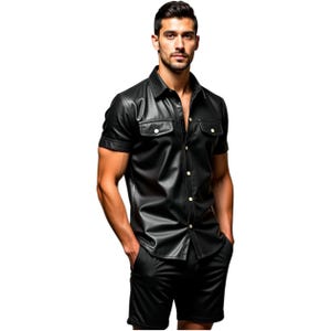 Men&#39;s Black Leather Shirt & Shorts Set - Edgy Summer Outfit