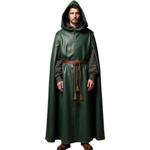 Handmade Green Hooded Cloak: Medieval Style Cape with Leather-Like Finish