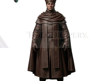 Dark Fantasy Leather Bishop Costume: Medieval Priest Robe & Cape