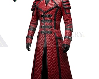 Gothic Black and Red Leather Trench Coat: Buckled Costume Coat