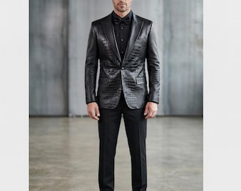Men's Black Leather Tuxedo Blazer, Crocodile Style, Slim Fit, Formal Event Jacket