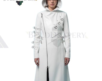 Cyberpunk White Hooded Buckle Coat: Gothic Streetwear Trench