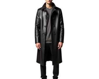 Men's Black Leather Trench Coat: Double-Breasted Long Coat