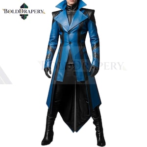 Futuristic Blue & Black Leather Coat: Cyberpunk Cosplay, Geometric Design