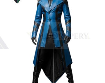 Futuristic Blue & Black Leather Coat: Cyberpunk Cosplay, Geometric Design