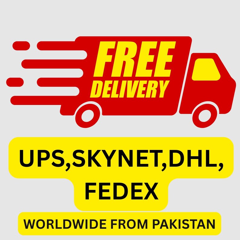 May include: A red delivery truck graphic with the words "FREE DELIVERY" in yellow. Below, a yellow banner lists "UPS, SKYNET, DHL, FEDEX". The image suggests a shipping service.