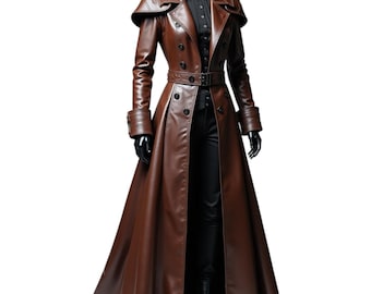 Handmade Brown Leather Trench Coat: Double-Breasted Overcoat
